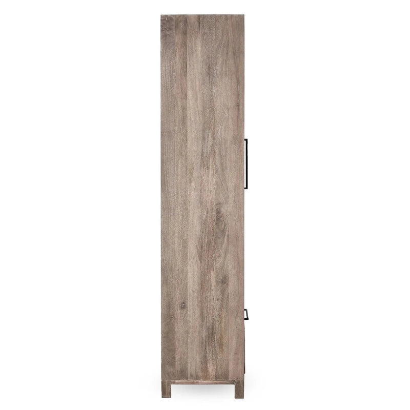 Vitrine 2 portes 1 tiroir en bois de manguier avec tiroir en cannage et verre trempé