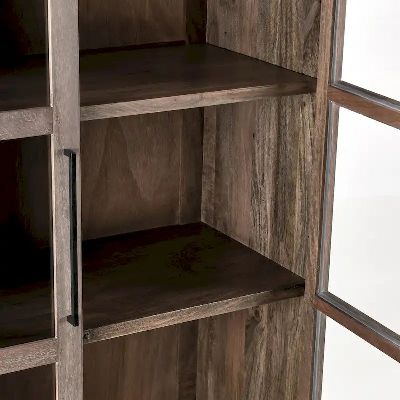 Vitrine 2 portes 1 tiroir en bois de manguier avec tiroir en cannage et verre trempé