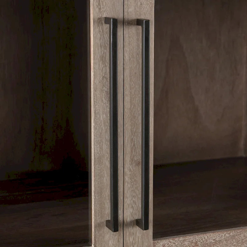 Vitrine 2 portes 1 tiroir en bois de manguier avec tiroir en cannage et verre trempé