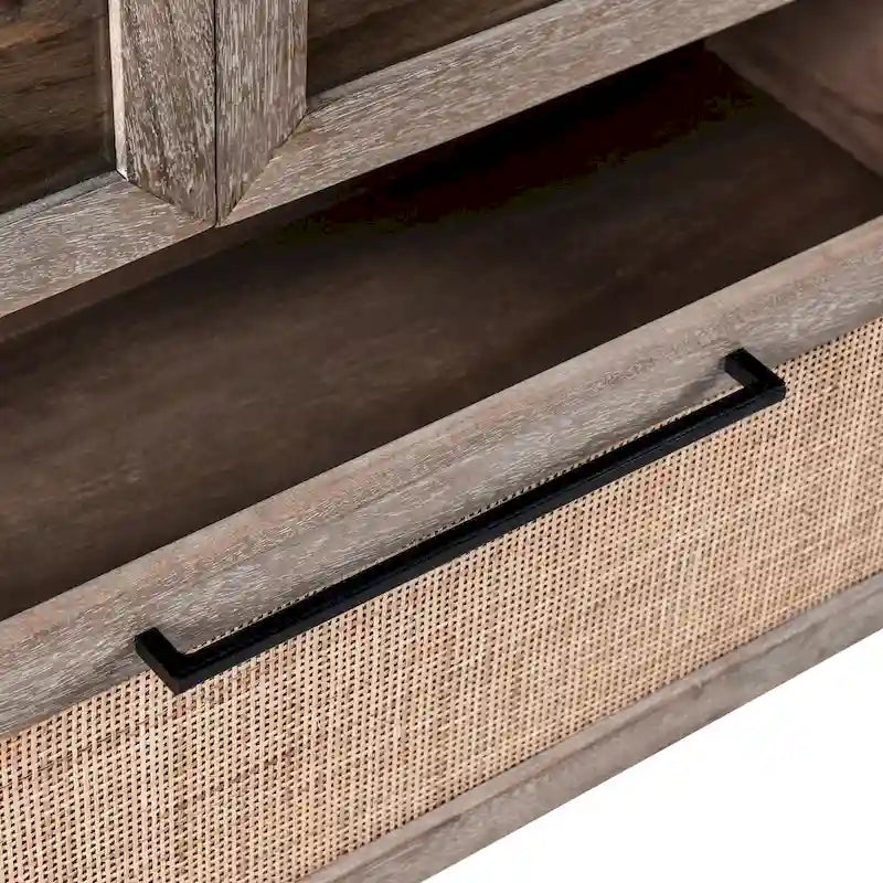 Vitrine 2 portes 1 tiroir en bois de manguier avec tiroir en cannage et verre trempé