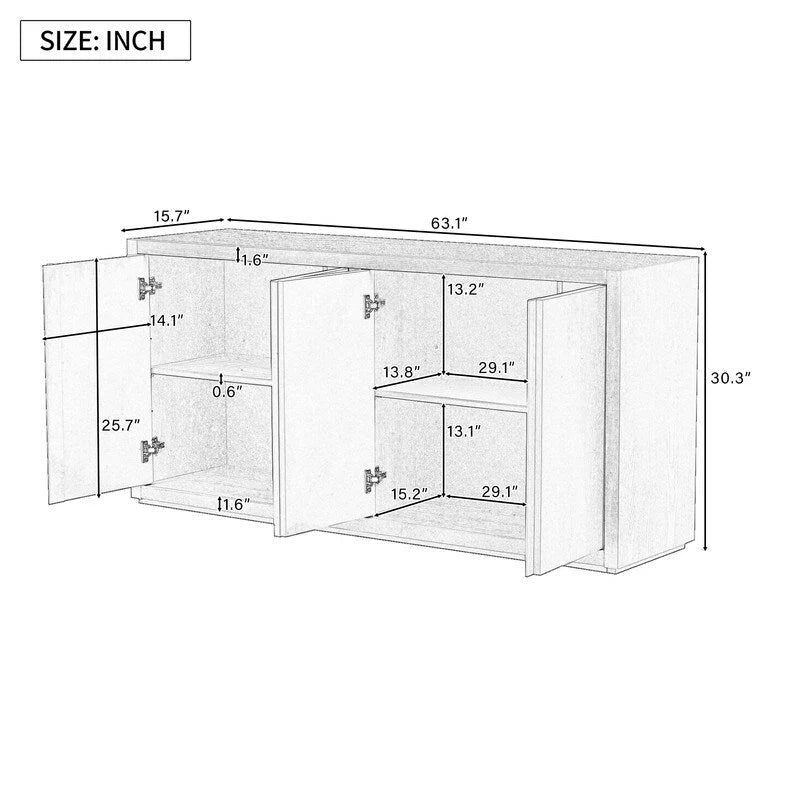 Bahut à 4 portes de 160 cm de large en placage de frêne avec étagères réglables, coloris noir ou bleu marine