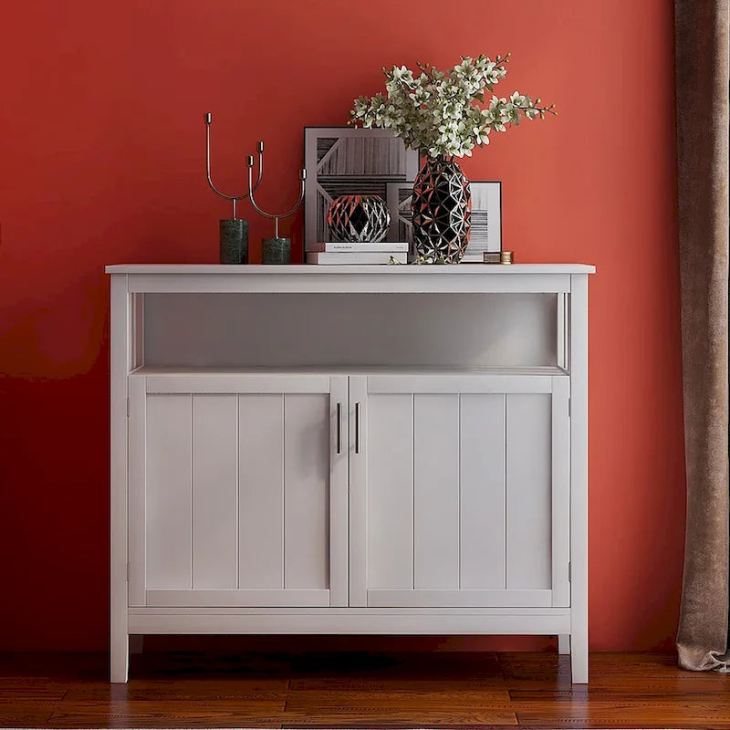 Buffet de salle à manger blanc en bois avec étagère ouverte et portes doubles
