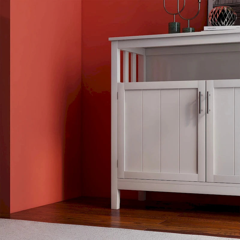 Buffet de salle à manger blanc en bois avec étagère ouverte et portes doubles
