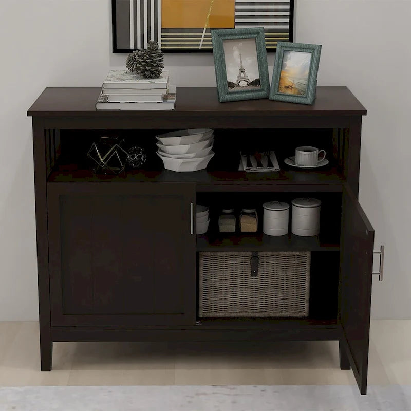 Buffet de salle à manger blanc en bois avec étagère ouverte et portes doubles