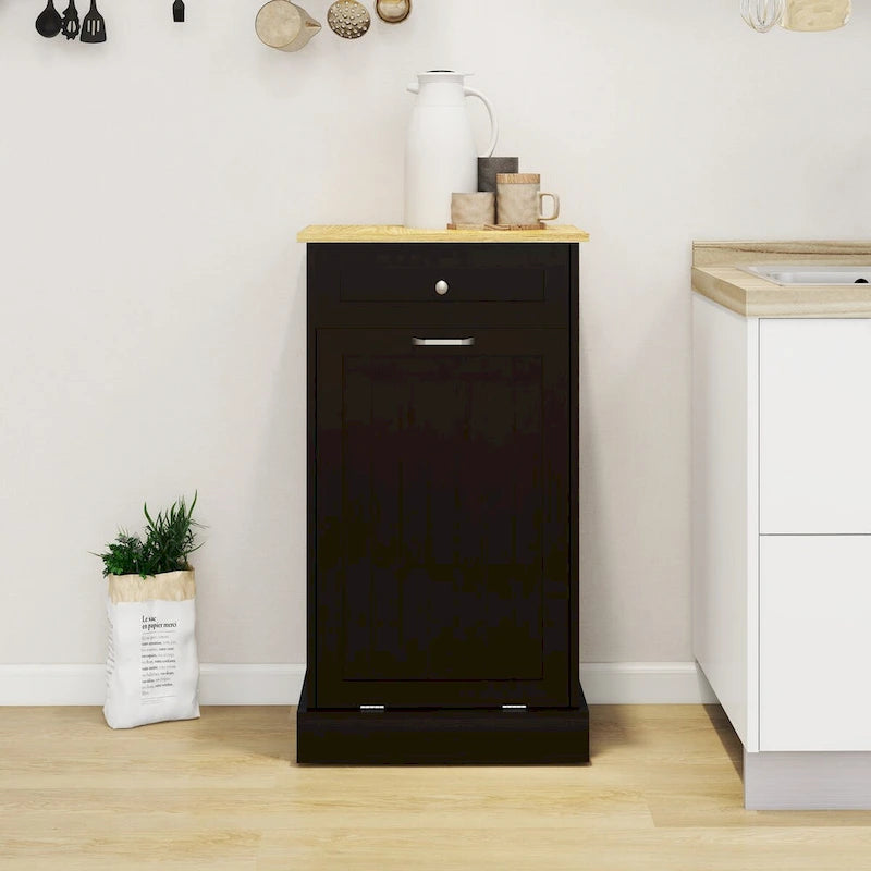 Meuble de rangement de cuisine noir avec poubelle basculante, tiroir supérieur et compartiment unique