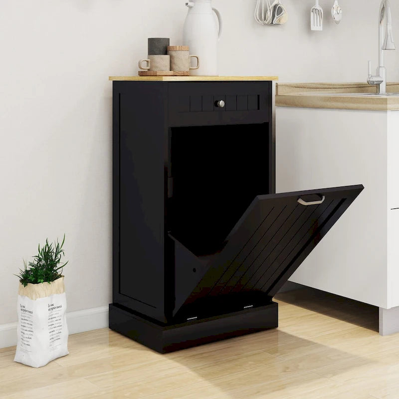 Meuble de rangement de cuisine noir avec poubelle basculante, tiroir supérieur et compartiment unique