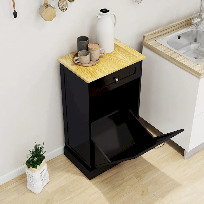 Meuble de rangement de cuisine noir avec poubelle basculante, tiroir supérieur et compartiment unique