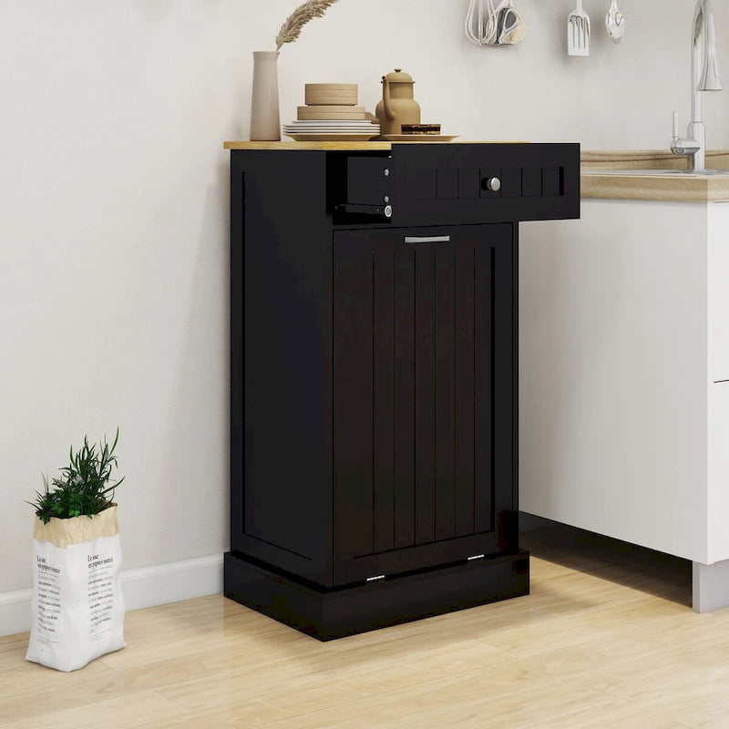 Meuble de rangement de cuisine noir avec poubelle basculante, tiroir supérieur et compartiment unique