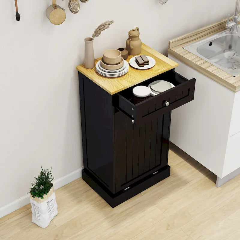 Meuble de rangement de cuisine noir avec poubelle basculante, tiroir supérieur et compartiment unique