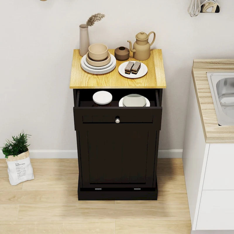 Meuble de rangement de cuisine noir avec poubelle basculante, tiroir supérieur et compartiment unique