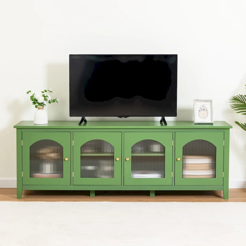 Meuble TV Console Média en Bois avec Porte en Verre Voûtée Antique