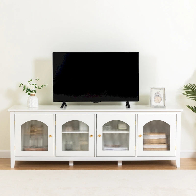 Meuble TV Console Média en Bois avec Porte en Verre Voûtée Antique
