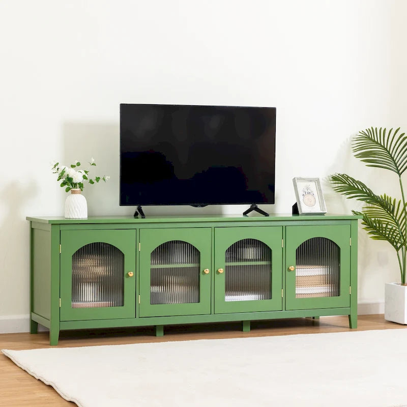 Meuble TV Console Média en Bois avec Porte en Verre Voûtée Antique