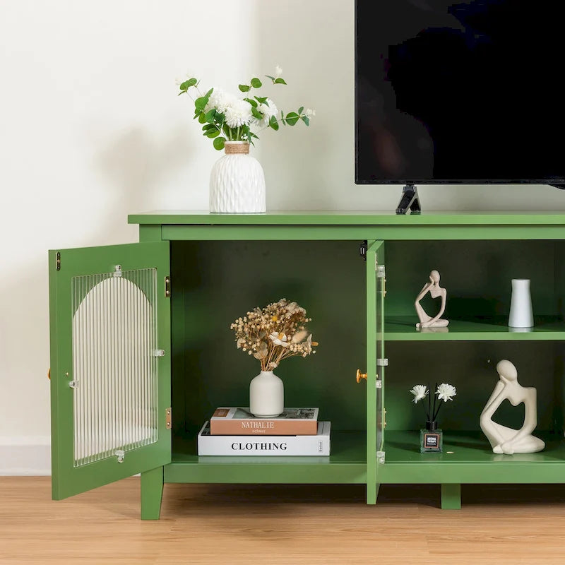 Meuble TV Console Média en Bois avec Porte en Verre Voûtée Antique
