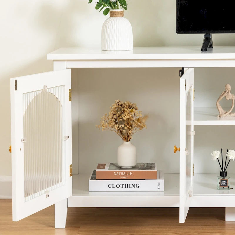 Meuble TV Console Média en Bois avec Porte en Verre Voûtée Antique