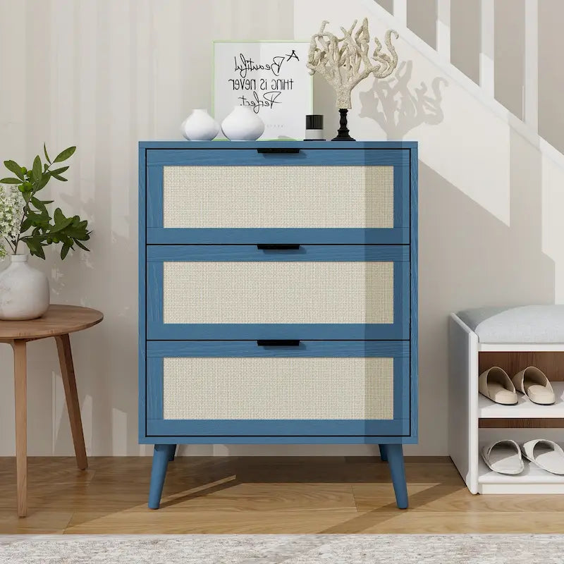 Meuble de rangement 3 tiroirs en rotin avec pieds en bois massif multicolore