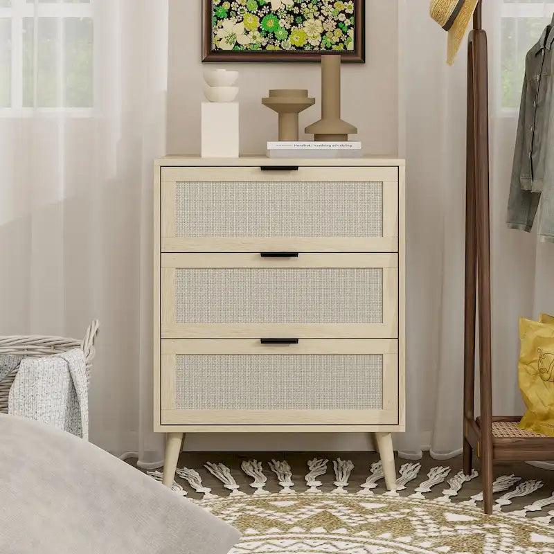 Meuble de rangement 3 tiroirs en rotin avec pieds en bois massif multicolore
