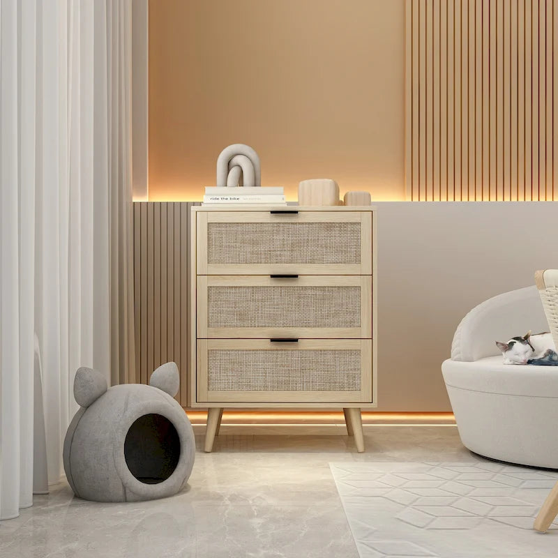 Meuble de rangement 3 tiroirs en rotin avec pieds en bois massif multicolore