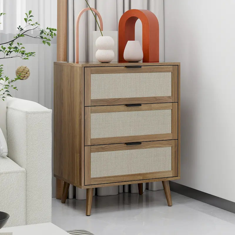 Meuble de rangement 3 tiroirs en rotin avec pieds en bois massif multicolore
