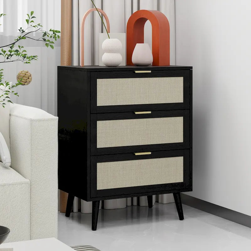 Meuble de rangement 3 tiroirs en rotin avec pieds en bois massif multicolore