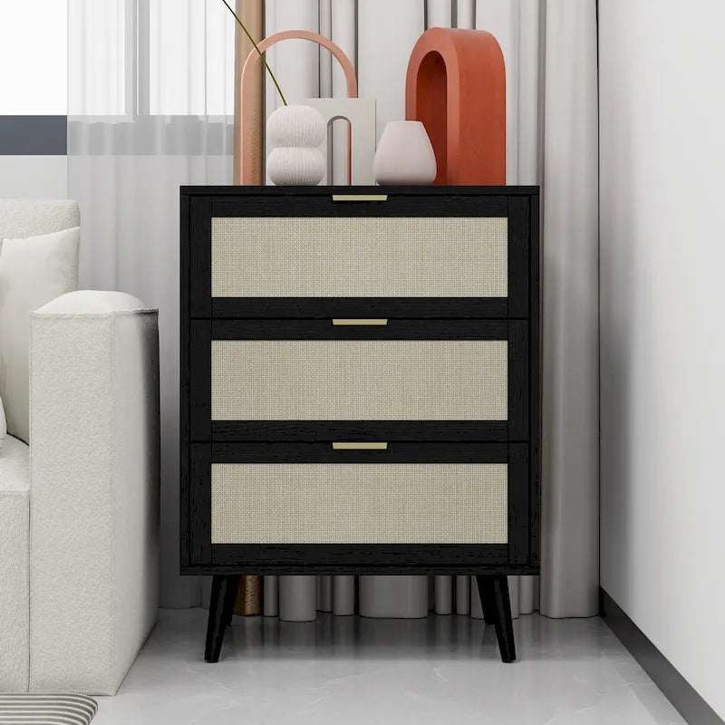 Meuble de rangement 3 tiroirs en rotin avec pieds en bois massif multicolore