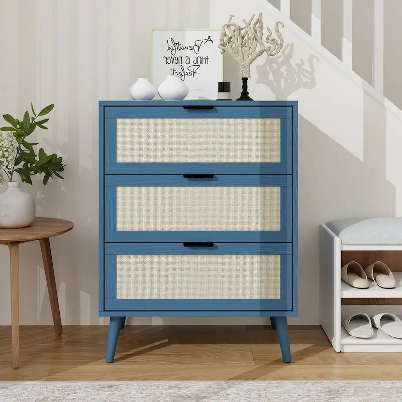 Meuble de rangement 3 tiroirs en rotin avec pieds en bois massif multicolore