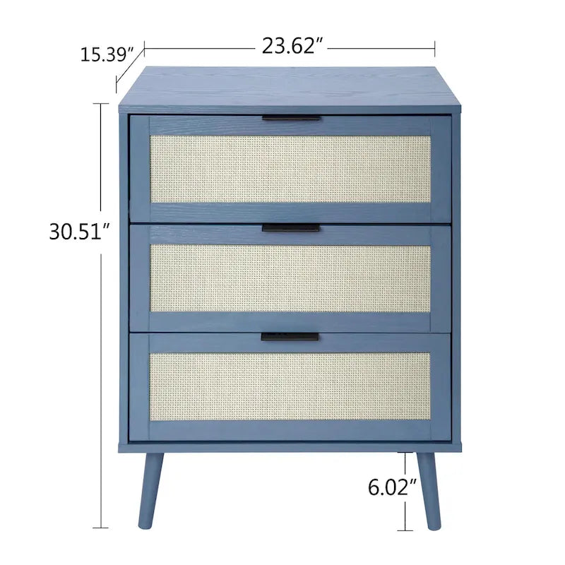 Meuble de rangement 3 tiroirs en rotin avec pieds en bois massif multicolore