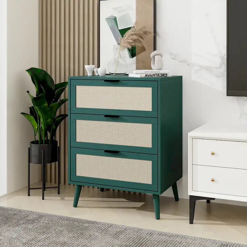 Meuble de rangement 3 tiroirs en rotin avec pieds en bois massif multicolore