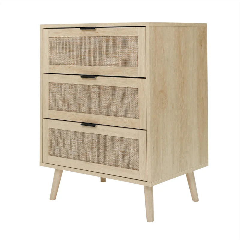 Meuble de rangement 3 tiroirs en rotin avec pieds en bois massif multicolore