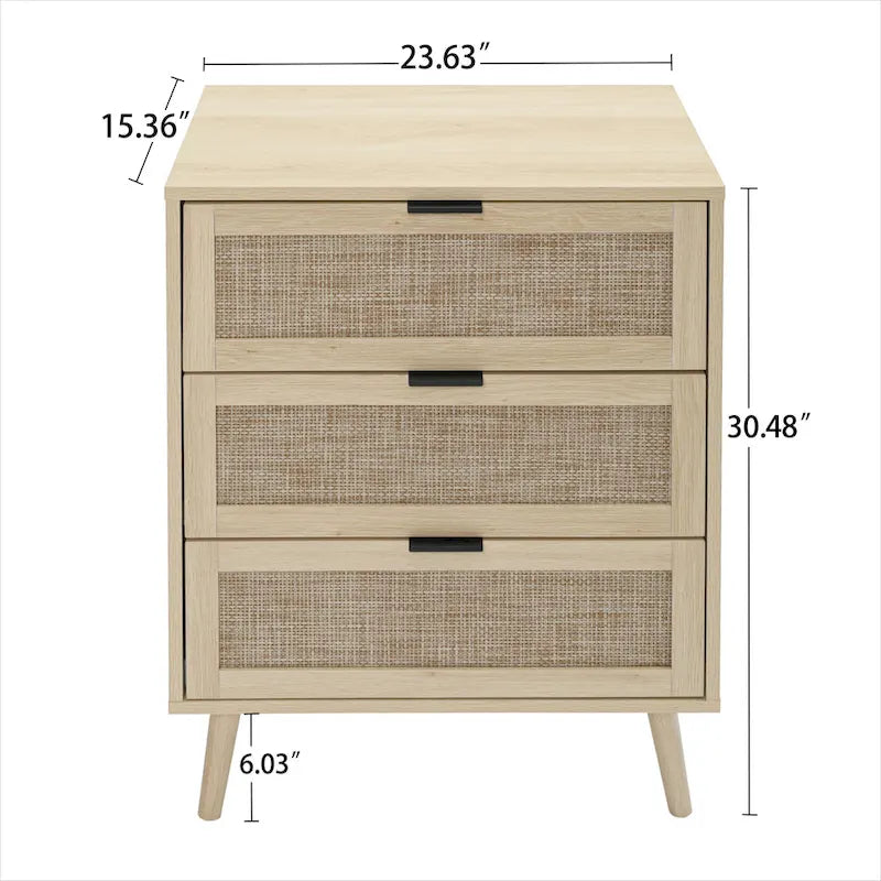 Meuble de rangement 3 tiroirs en rotin avec pieds en bois massif multicolore
