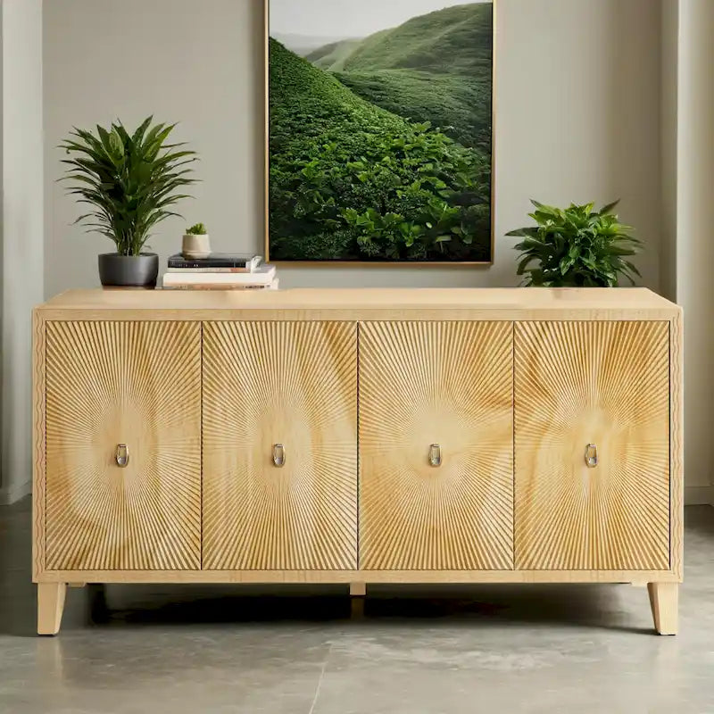 Buffet vaisselier à 4 portes Sunburst sculpté de 60 pouces avec étagères réglables