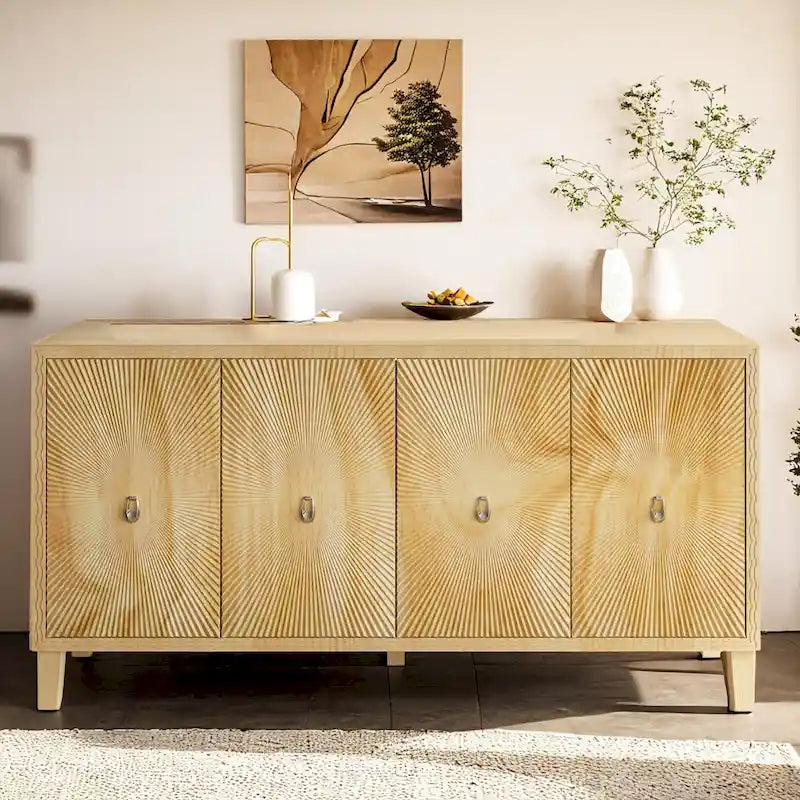 Buffet vaisselier à 4 portes Sunburst sculpté de 60 pouces avec étagères réglables