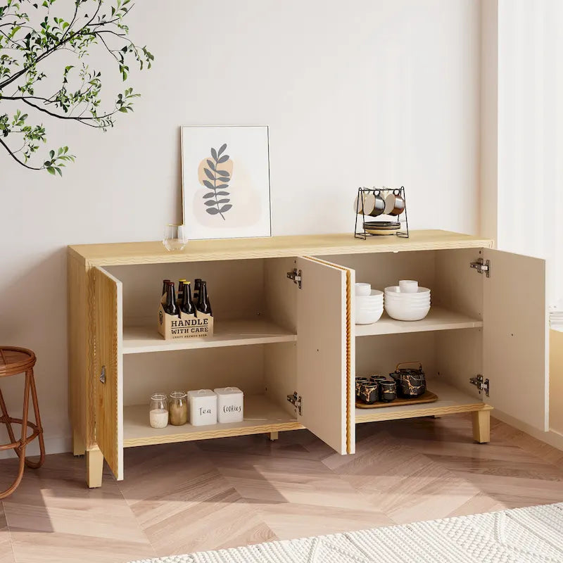 Buffet vaisselier à 4 portes Sunburst sculpté de 60 pouces avec étagères réglables