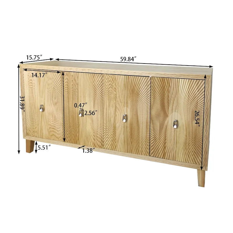 Buffet vaisselier à 4 portes Sunburst sculpté de 60 pouces avec étagères réglables