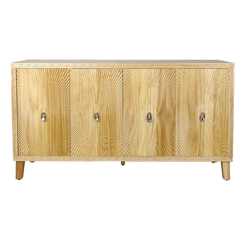 Buffet vaisselier à 4 portes Sunburst sculpté de 60 pouces avec étagères réglables