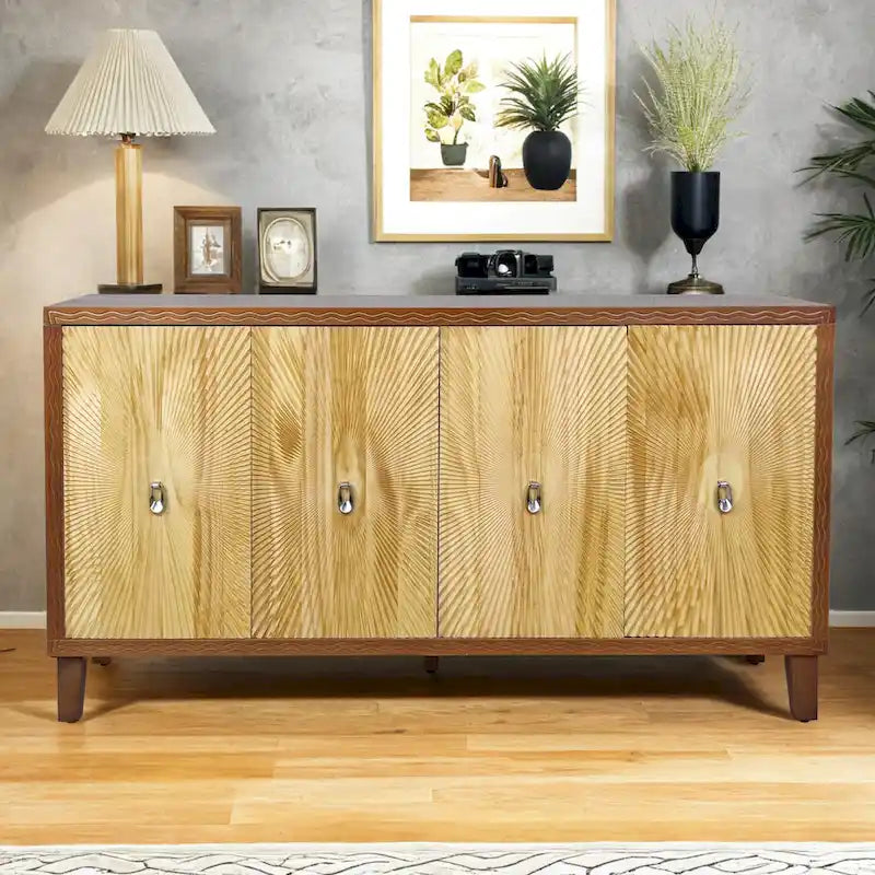 Buffet vaisselier à 4 portes Sunburst sculpté de 60 pouces avec étagères réglables
