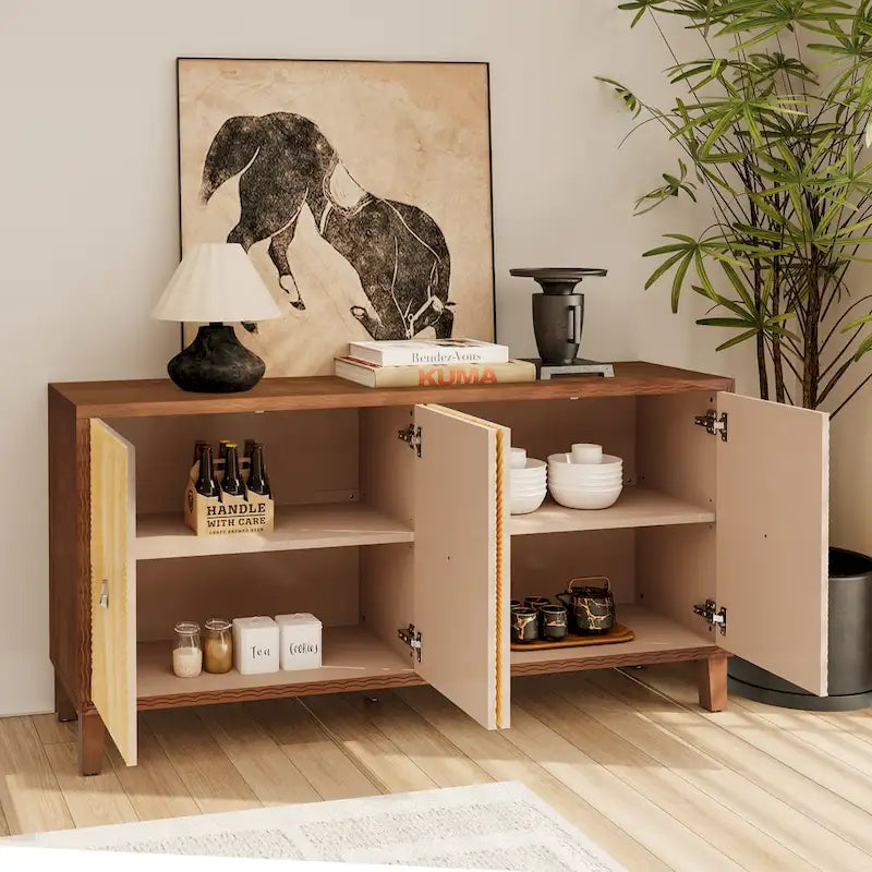 Buffet vaisselier à 4 portes Sunburst sculpté de 60 pouces avec étagères réglables