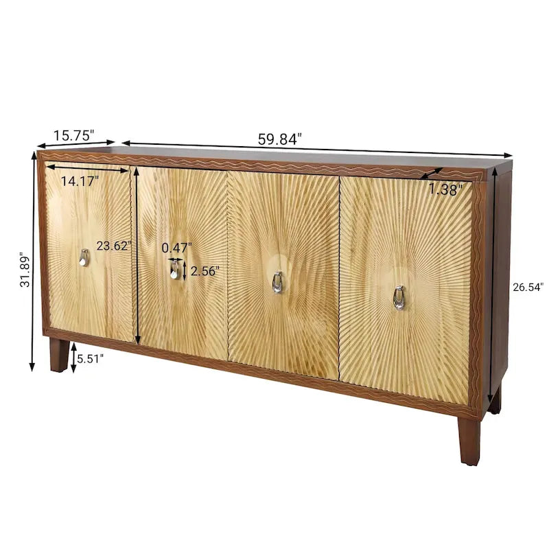 Buffet vaisselier à 4 portes Sunburst sculpté de 60 pouces avec étagères réglables