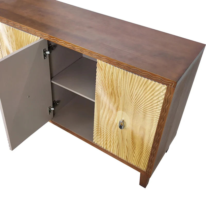 Buffet vaisselier à 4 portes Sunburst sculpté de 60 pouces avec étagères réglables