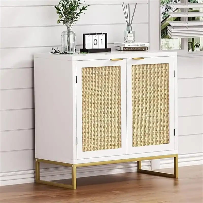 Meuble d'appoint en rotin avec base en métal doré, style bohème, blanc
