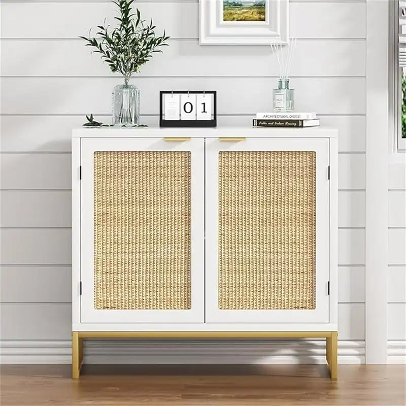 Meuble d'appoint en rotin avec base en métal doré, style bohème, blanc