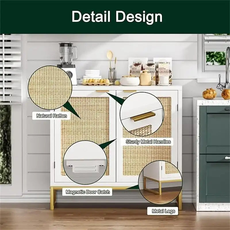 Meuble d'appoint en rotin avec base en métal doré, style bohème, blanc
