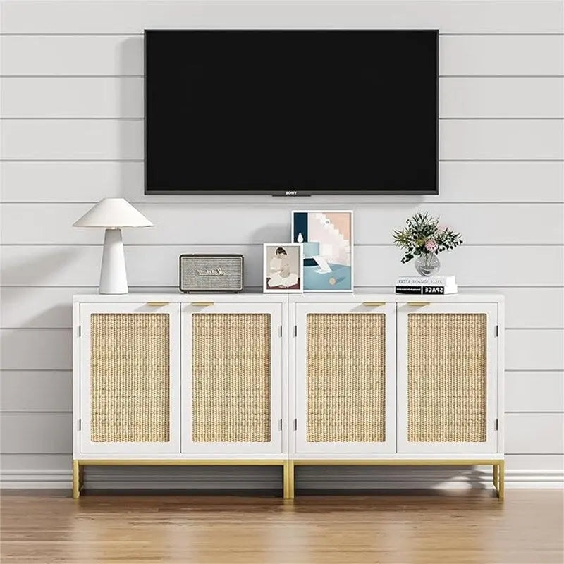 Meuble d'appoint en rotin avec base en métal doré, style bohème, blanc