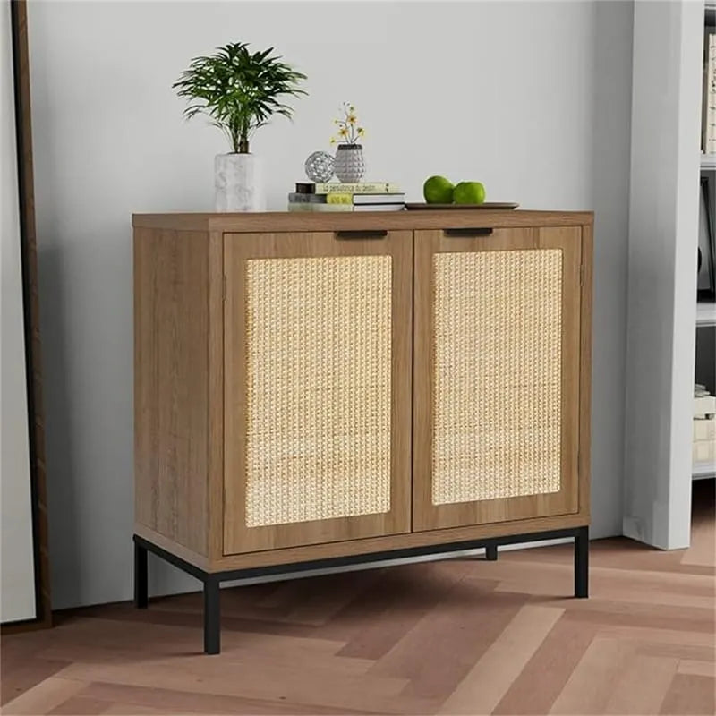 Meuble d'appoint en rotin avec base en métal doré, style bohème, blanc