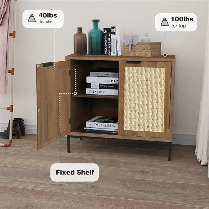 Meuble d'appoint en rotin avec base en métal doré, style bohème, blanc