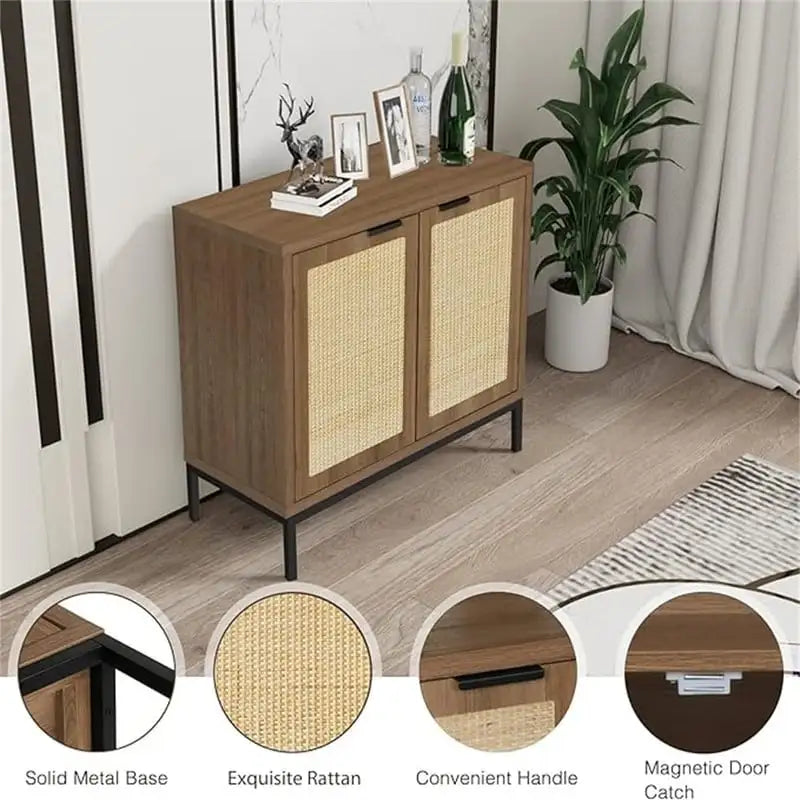 Meuble d'appoint en rotin avec base en métal doré, style bohème, blanc