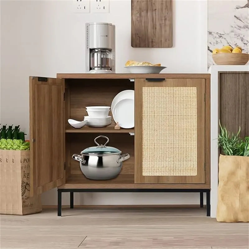 Meuble d'appoint en rotin avec base en métal doré, style bohème, blanc