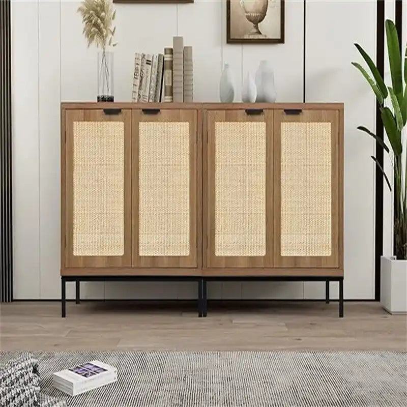 Meuble d'appoint en rotin avec base en métal doré, style bohème, blanc
