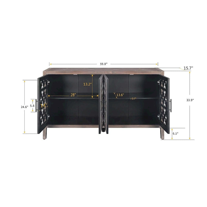 Bahut de cuisine ancien sculpté ajouré à quatre portes avec étagère réglable, noir et marron antique