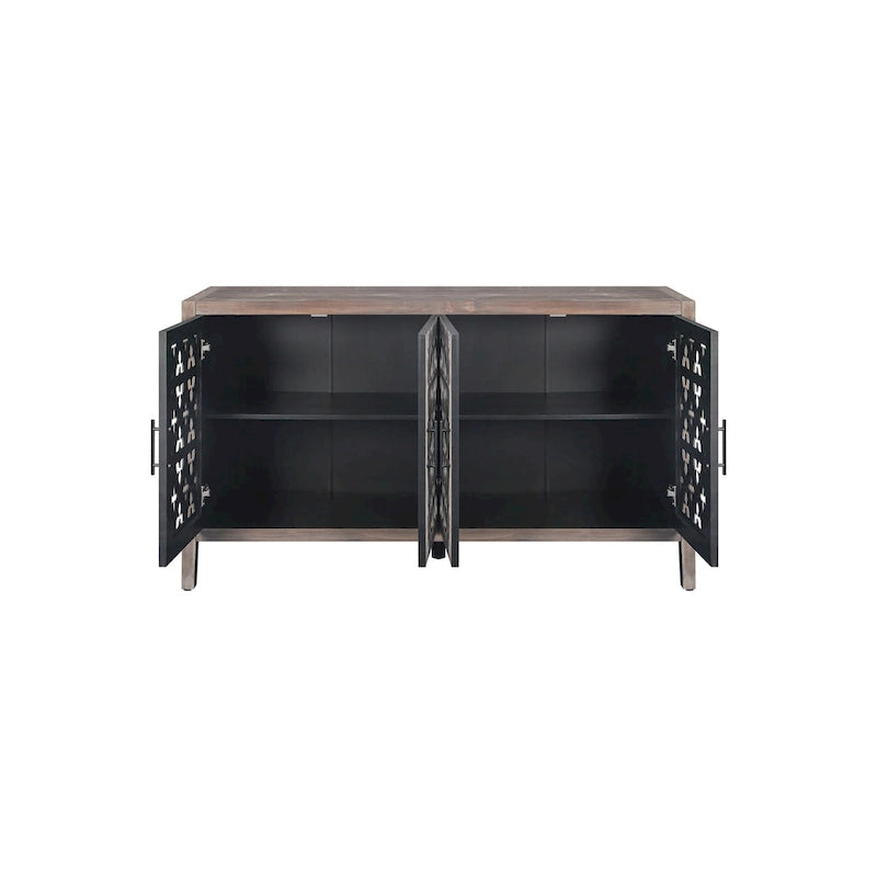 Bahut de cuisine ancien sculpté ajouré à quatre portes avec étagère réglable, noir et marron antique